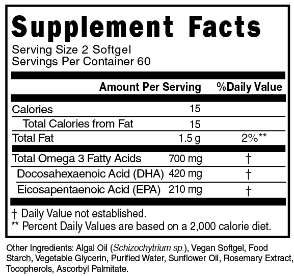 Algal Omega 3 750mg Softgels Supplement Facts 101662