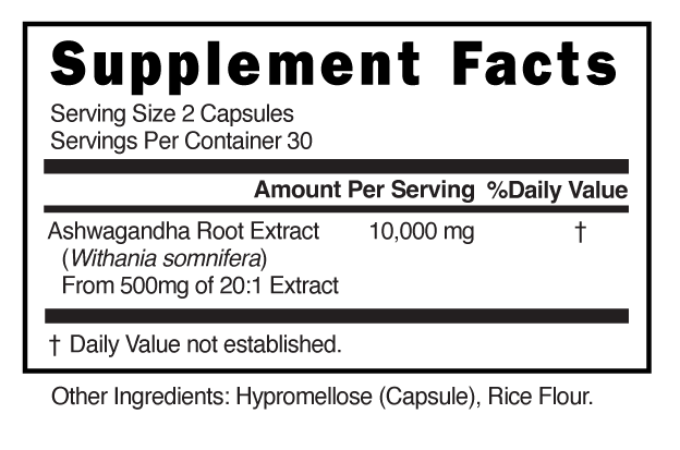 Ashwagandha 10,000mg Capsules Supplement Facts 101724