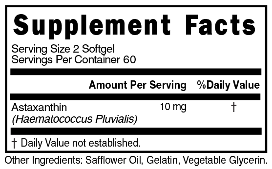 Astaxanthin 10mg 2 Serving Softgel Supplement Facts 101656