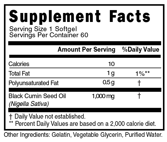 Black Seed Oil SoftGel 1000mg Supplement Facts 101646