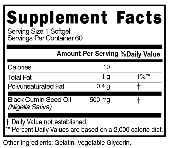 Black Seed Oil SoftGel 500mg Supplement Facts 101647