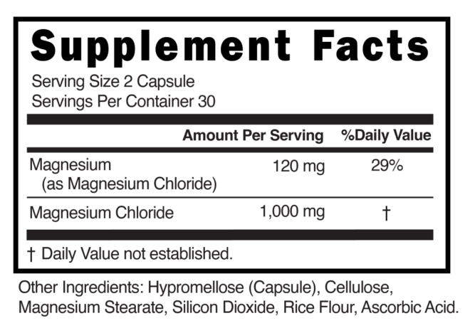 Magnesium Chloride 1,000mg Capsules Supplement Facts 101708