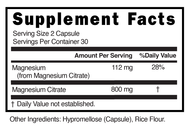 Magnesium Citrate 800mg Capsules Supplement Facts 101706
