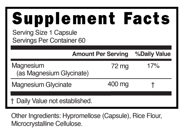 Magnesium Glycinate 400mg 1 Capsule Supplement Facts 101707