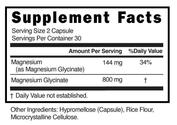 Magnesium Glycinate 800mg 2 Capsules Supplement Facts 101707