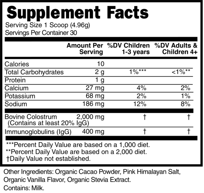 Organic Cacao Grass Fed Childrens Colostrum Chocolate Supplement Facts 101689