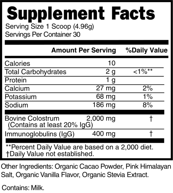 Organic Cacao Grass Fed Colostrum Chocolate Supplement Facts 101689 (001)