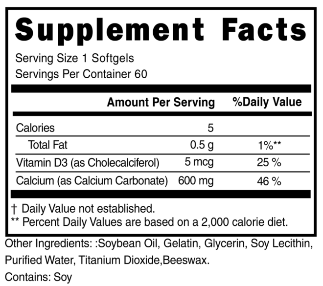 Calcium Liquid Softgel 600m + Vitamin D Supplement Facts 101797
