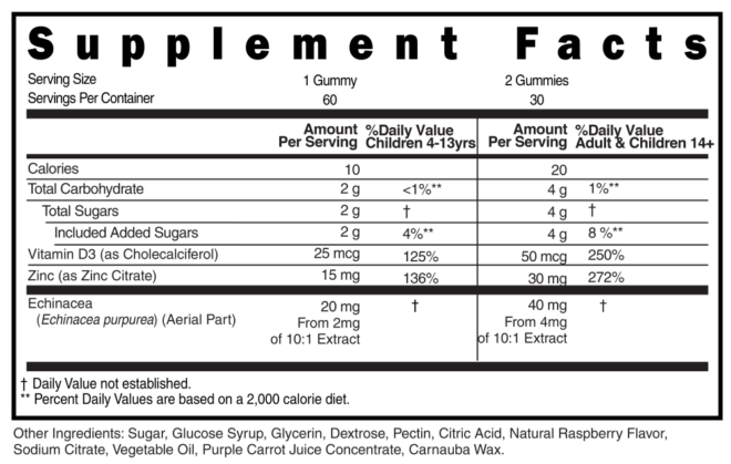 3 in 1 D3 Zinc Echinacea Childrens Gummies Supplement Facts 101799